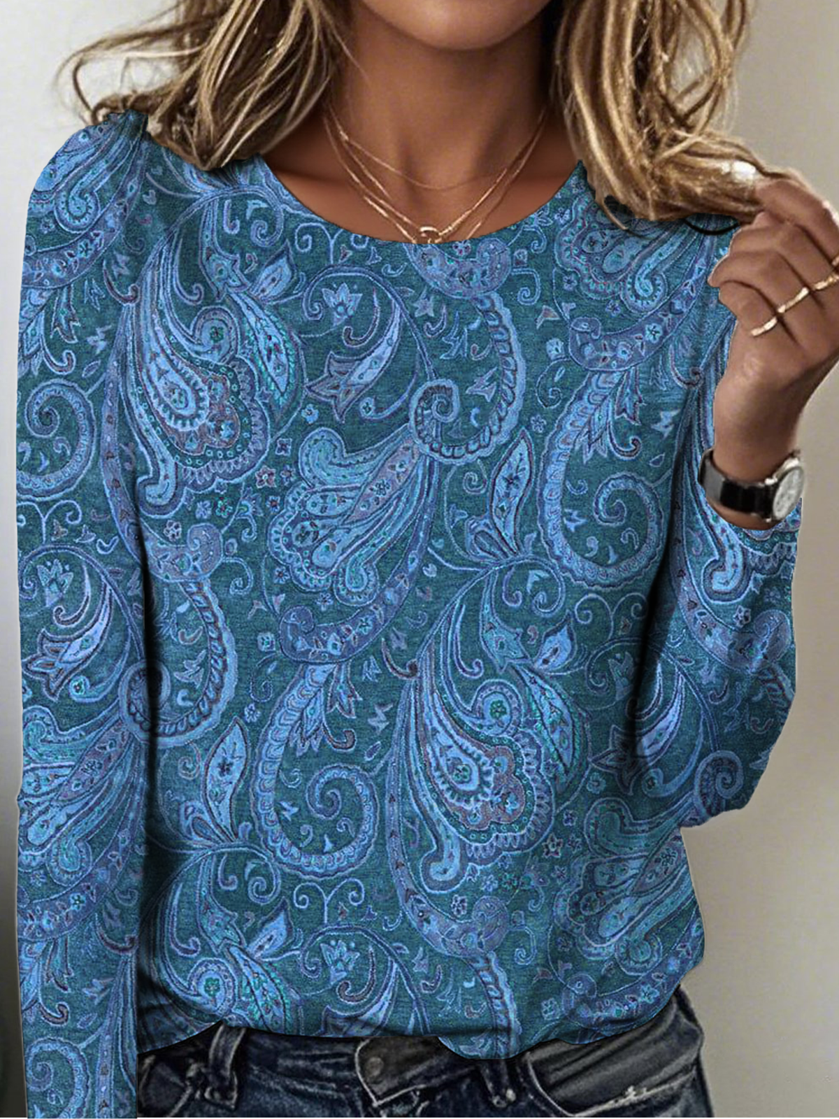 Retro Paisley Rundhals Langarm T-Shirt