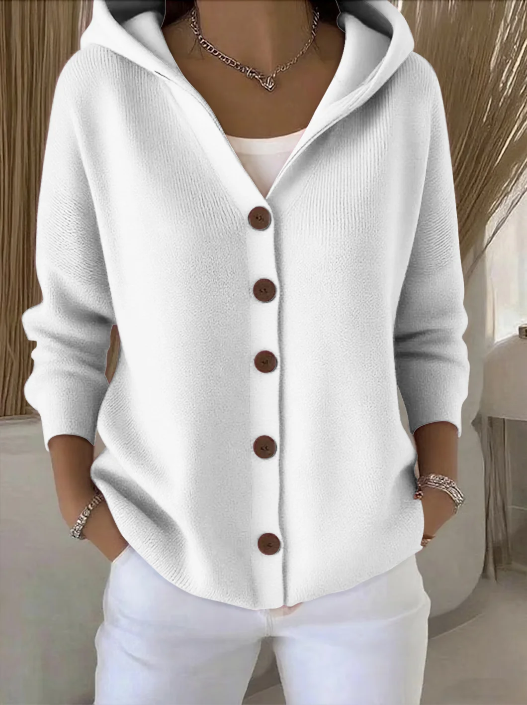 Damen Baumwolle Unifarben Langarm Bequem Lässig Strickjacke