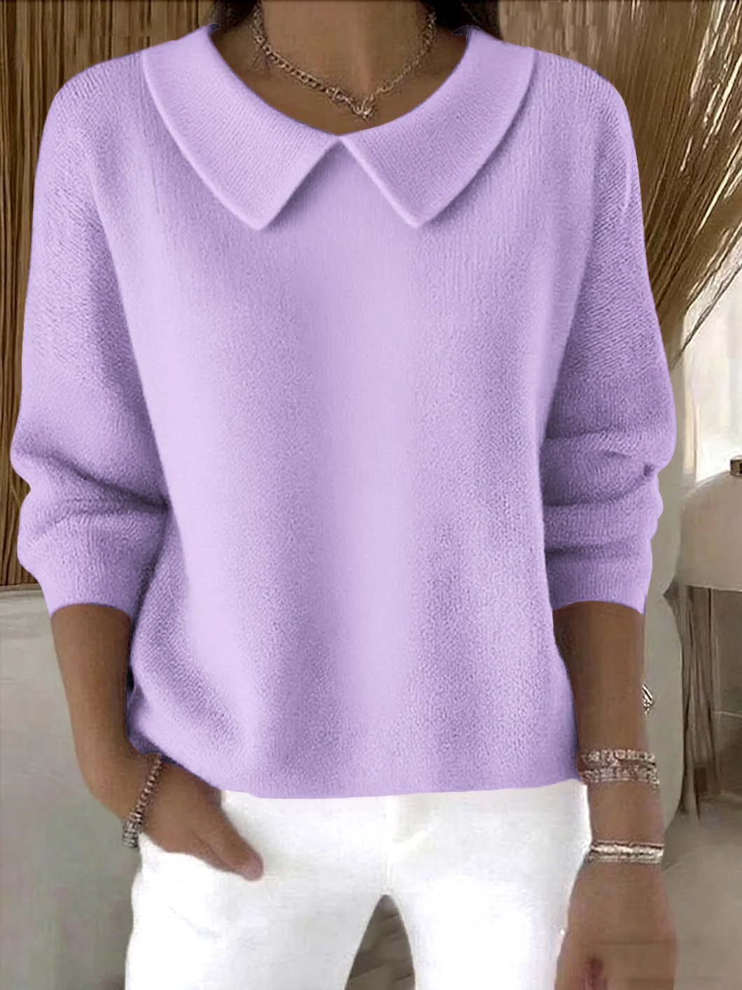 Damen Baumwolle Unifarben Langarm Bequem Lässig Pullover