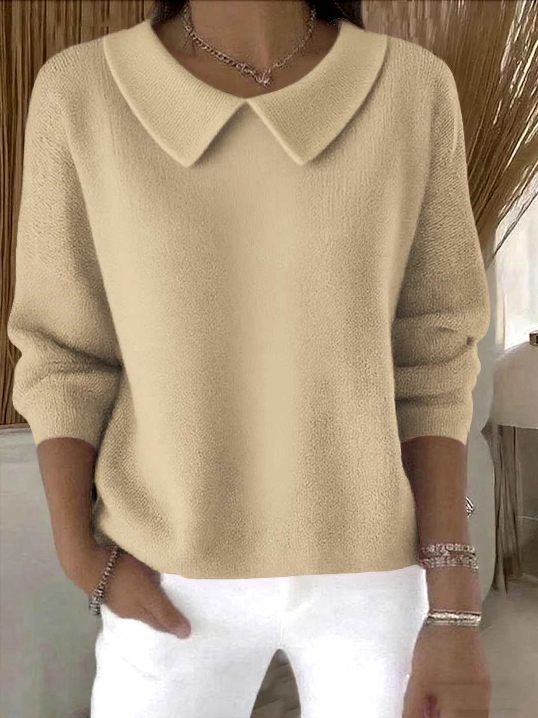 Damen Baumwolle Unifarben Langarm Bequem Lässig Pullover