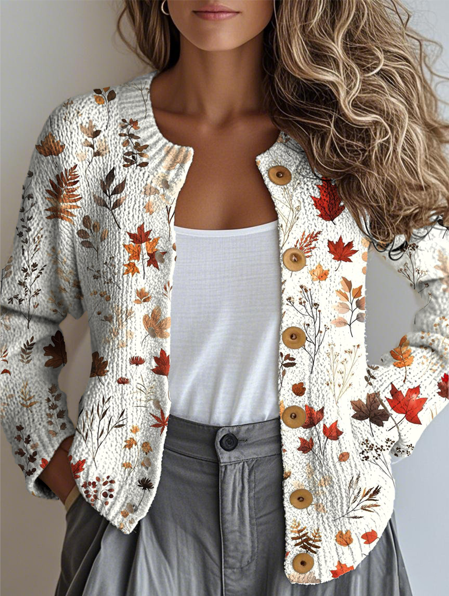 Damen Gestrickt Ahornblatt Langarm Bequem Retro Strickjacke