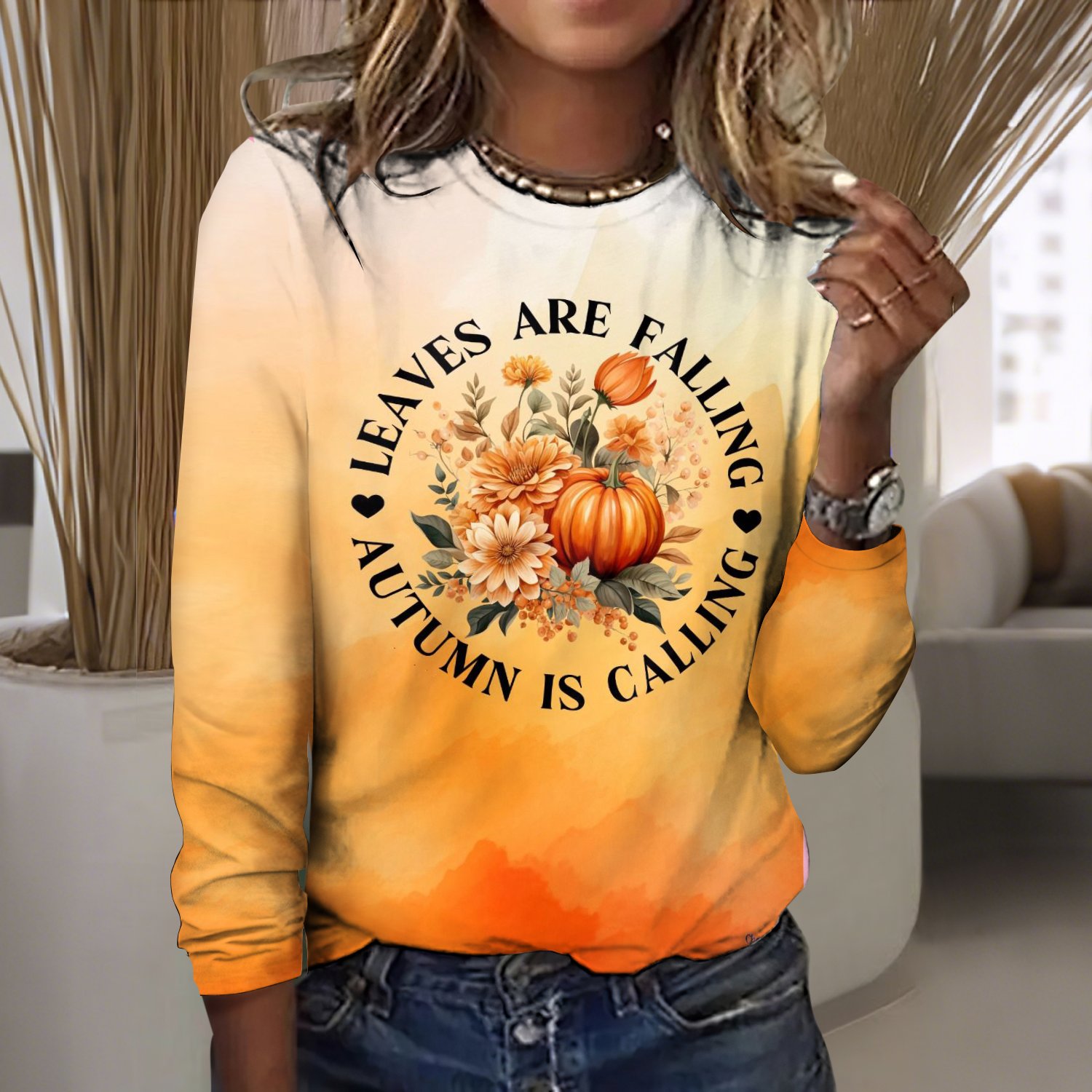Retro Farbverlauf Rundhals Langarm T-Shirt