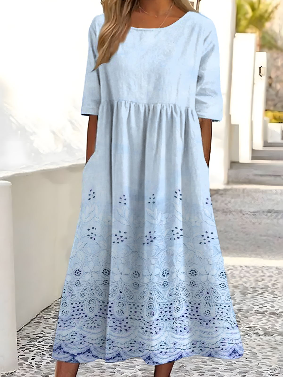 Damen Verlaufsmuster Rundhals Halbarm Bequem Retro Maxikleid
