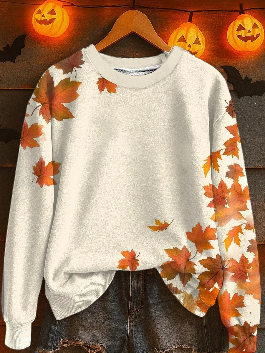 Lässig Rundhals Ahornblatt Sweatshirt Print