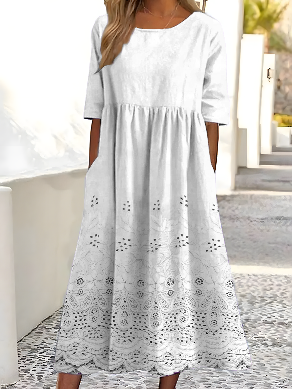 Damen Verlaufsmuster Rundhals Halbarm Bequem Retro Maxikleid