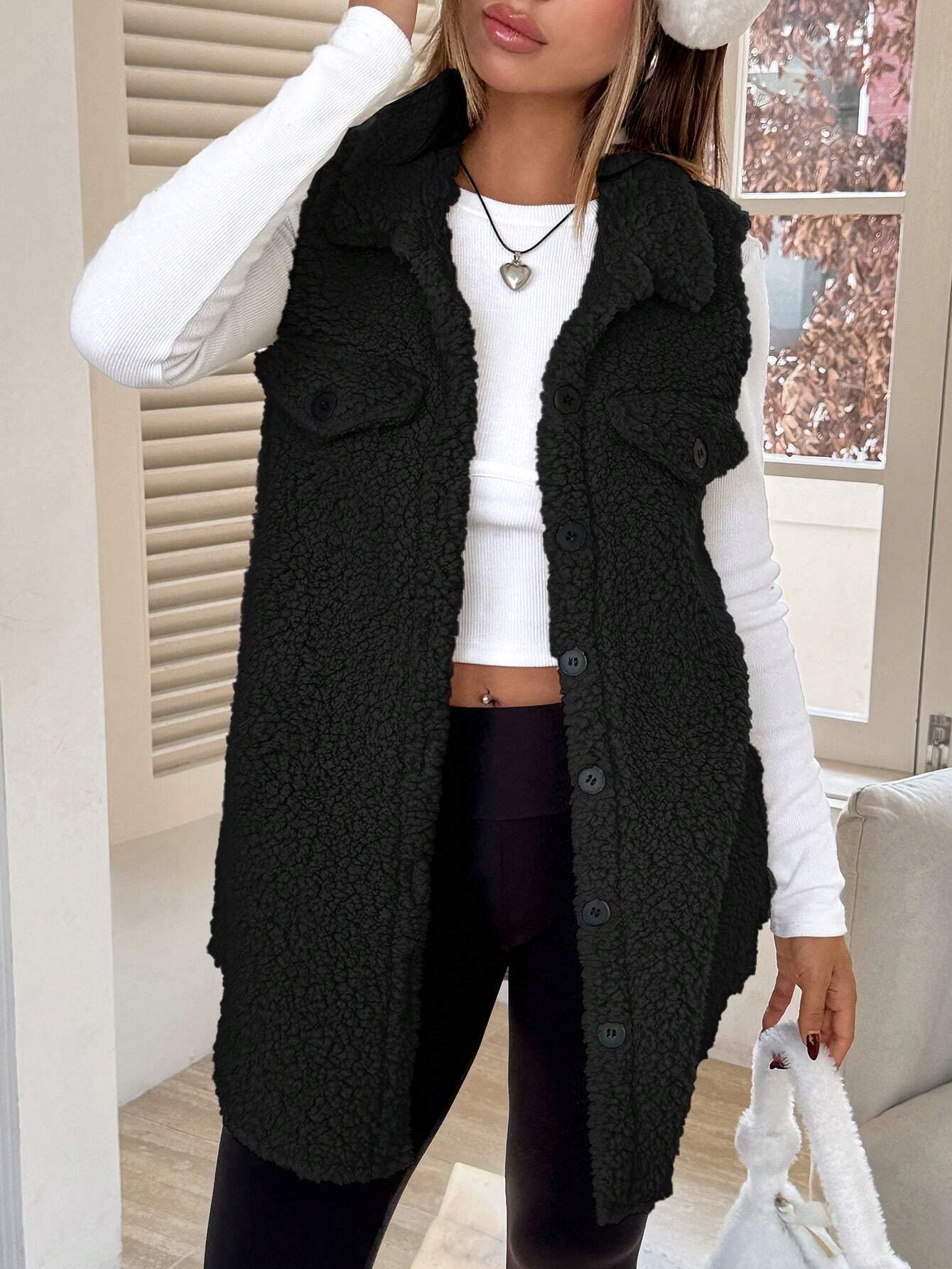 Damen Herbst und Winter Revers Geknöpft Plüsch Tanktop Jacke Weit Temperament Pendeln Nachahmung Lammfell
