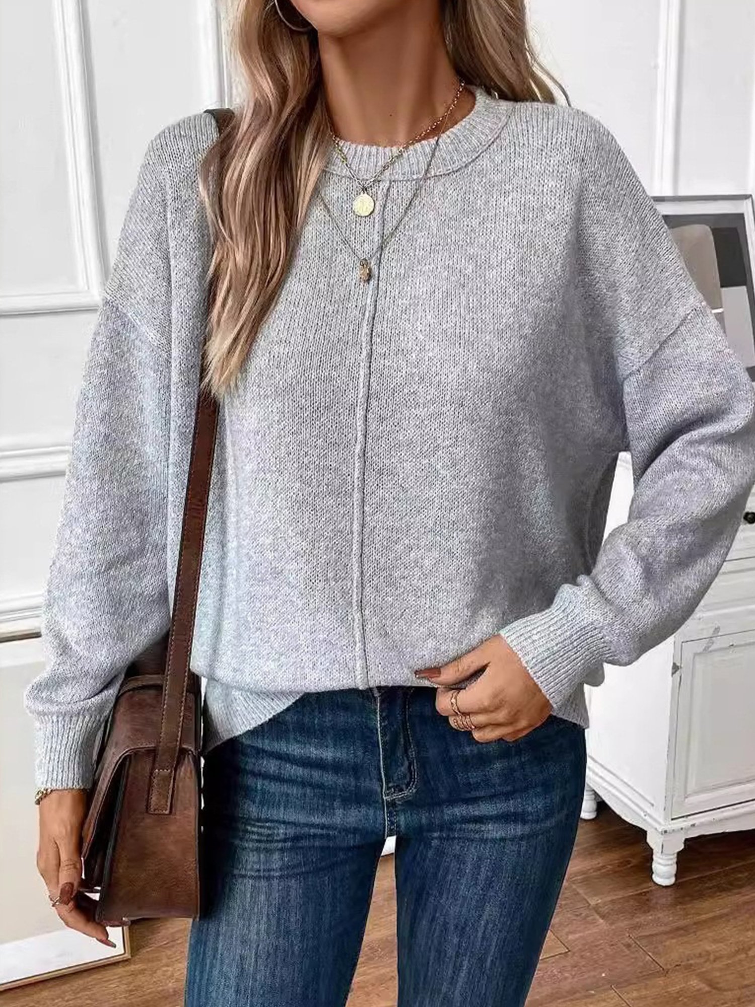 Damen Unifarben Langarm Bequem Lässig Pullover