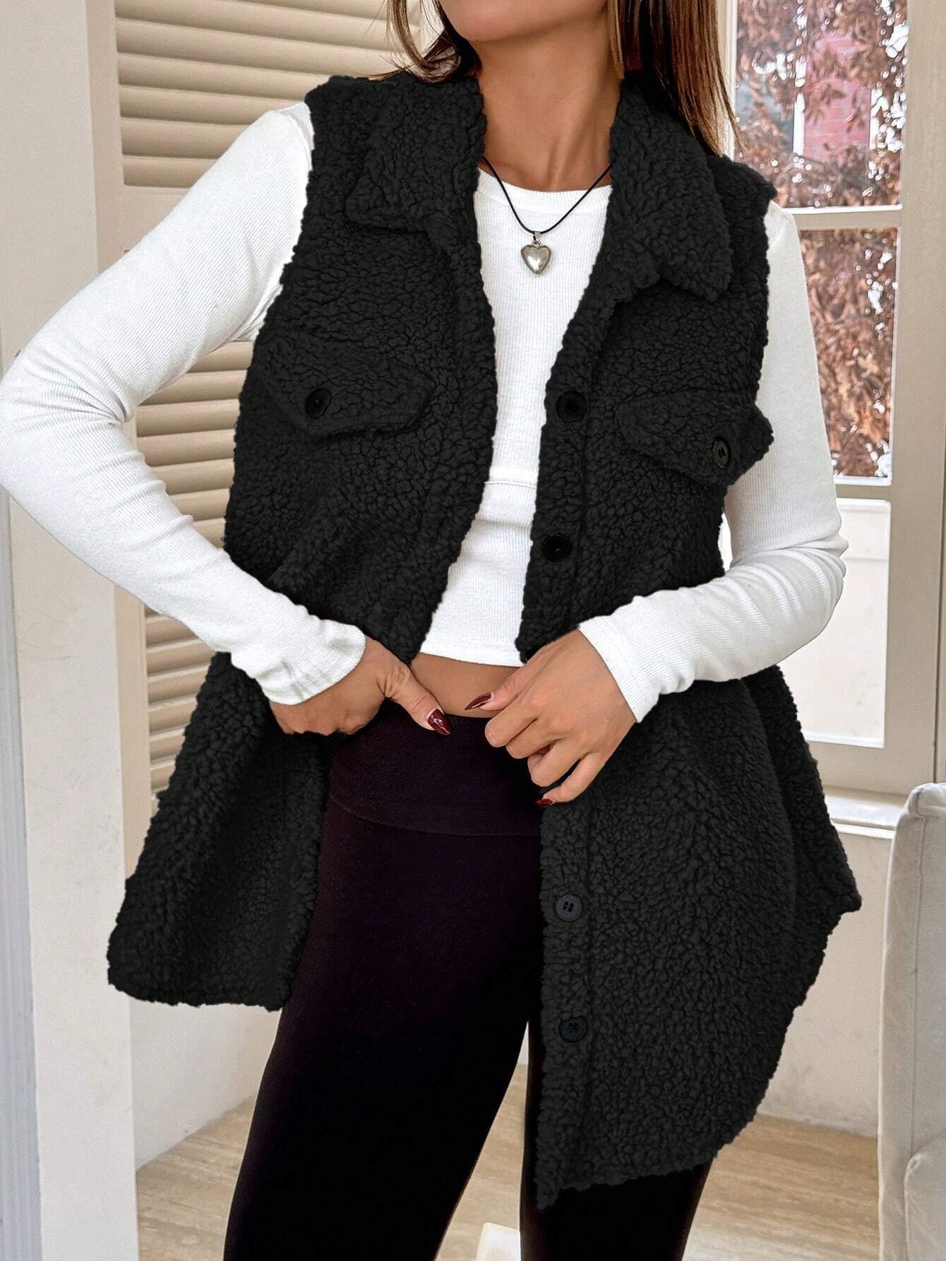 Damen Herbst und Winter Revers Geknöpft Plüsch Tanktop Jacke Weit Temperament Pendeln Nachahmung Lammfell
