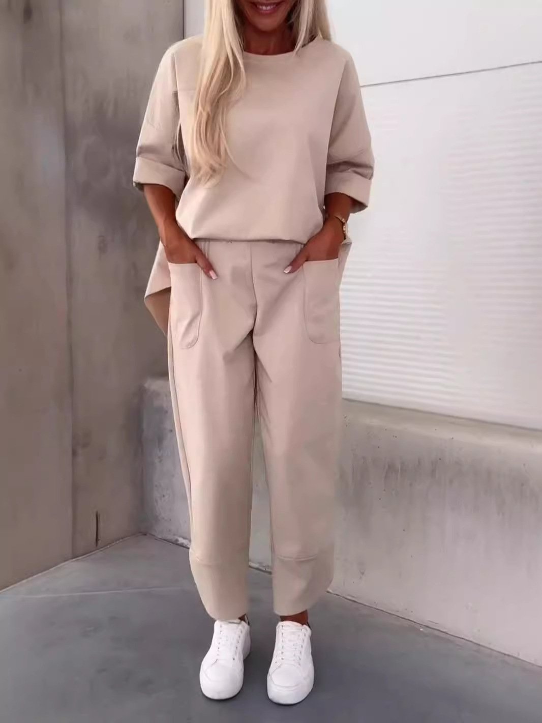 Damen Unifarben Nahtverarbeitung Zweiteiliges Set Täglich Langarm Lässig Frühling/Herbst Bluse mit Hose Matching Set