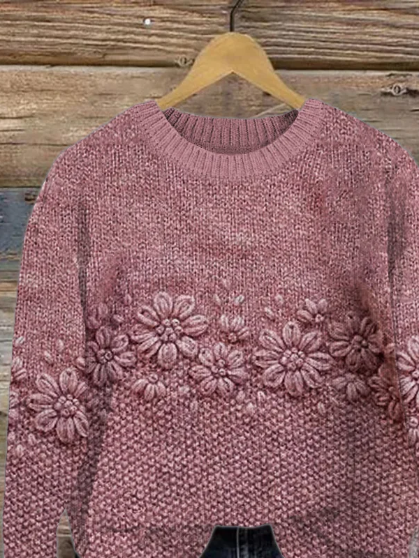Damen Gestrickt Geblümt Langarm Bequem Lässig Print Pullover