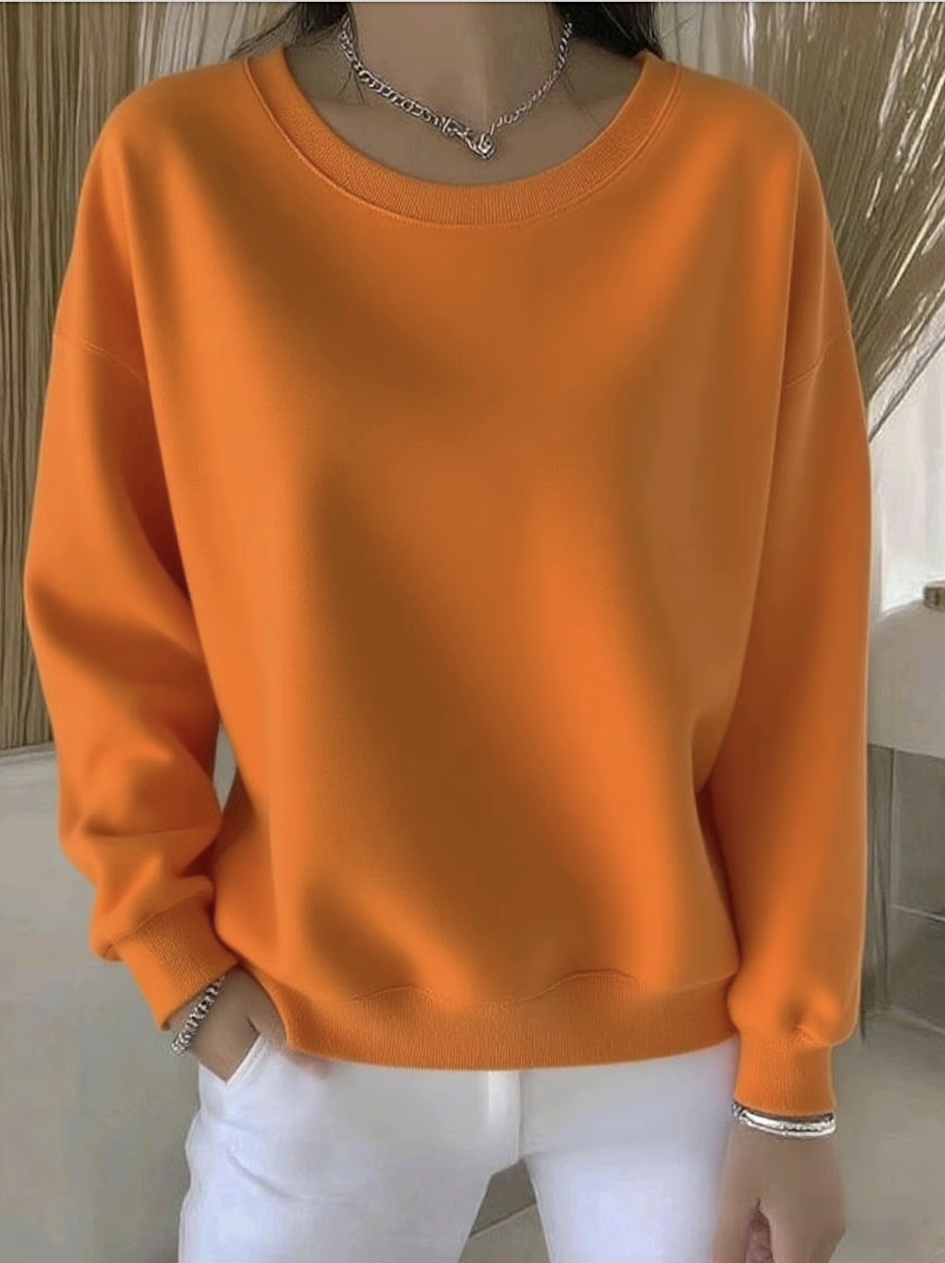 Lässig Rundhals Unifarben Sweatshirt