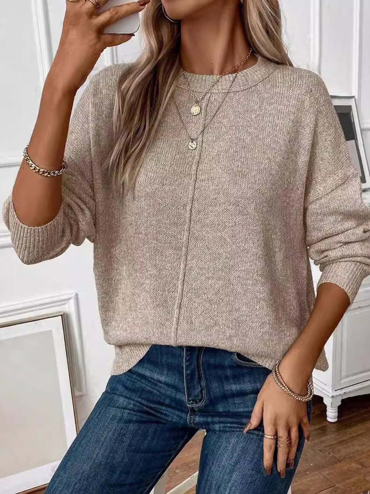 Damen Unifarben Langarm Bequem Lässig Pullover