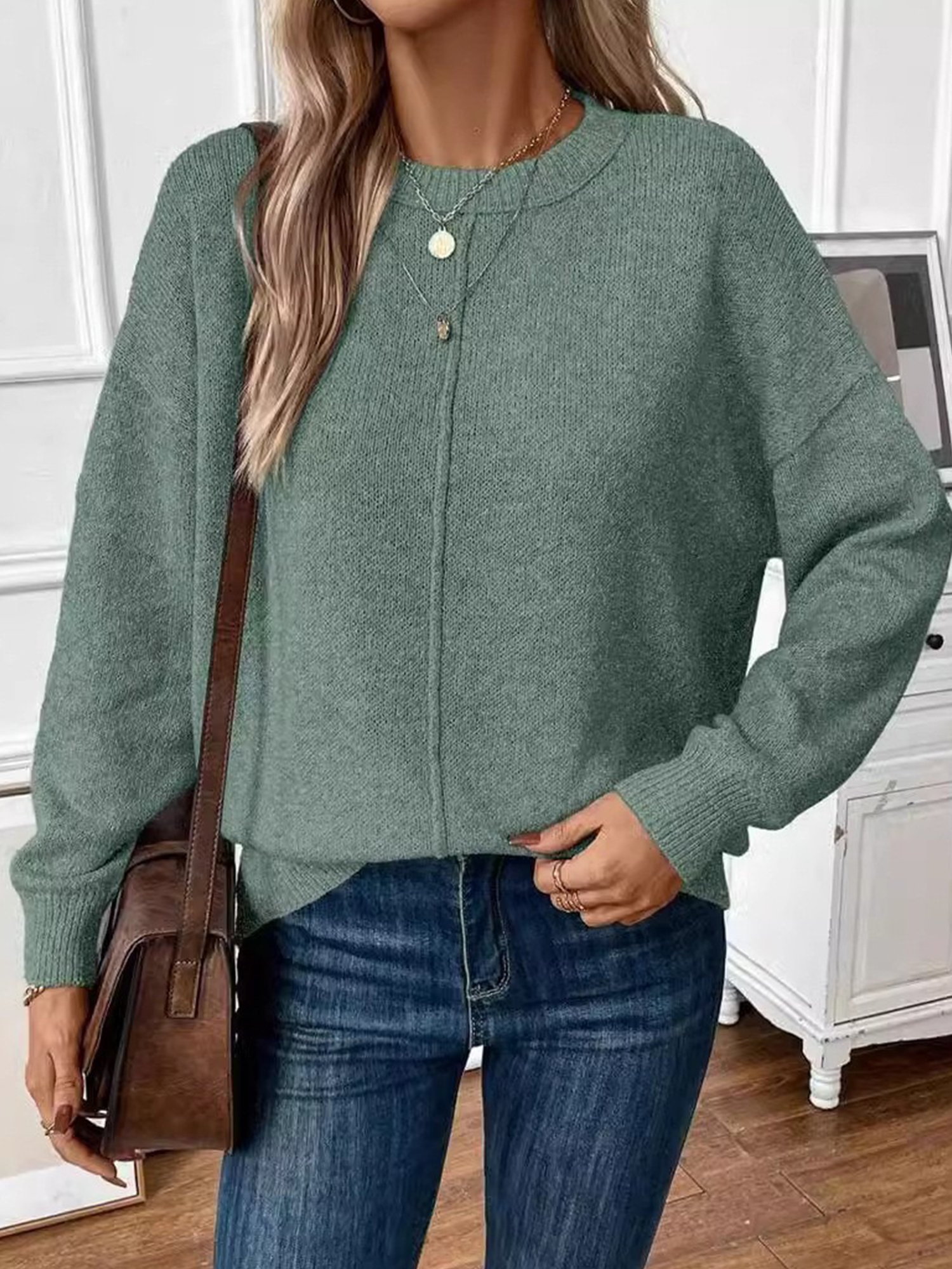 Damen Unifarben Langarm Bequem Lässig Pullover