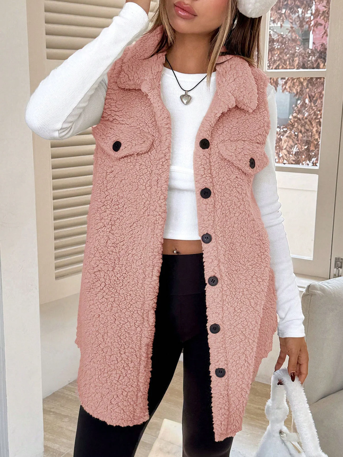 Damen Herbst und Winter Revers Geknöpft Plüsch Tanktop Jacke Weit Temperament Pendeln Nachahmung Lammfell