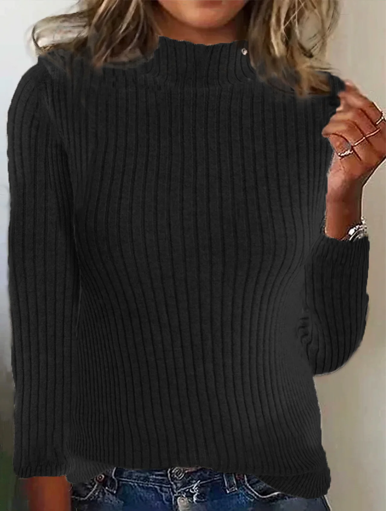 Damen Baumwolle Unifarben Langarm Bequem Lässig Pullover