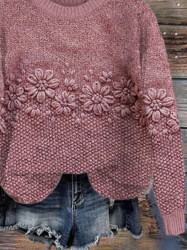 Damen Gestrickt Geblümt Langarm Bequem Lässig Print Pullover