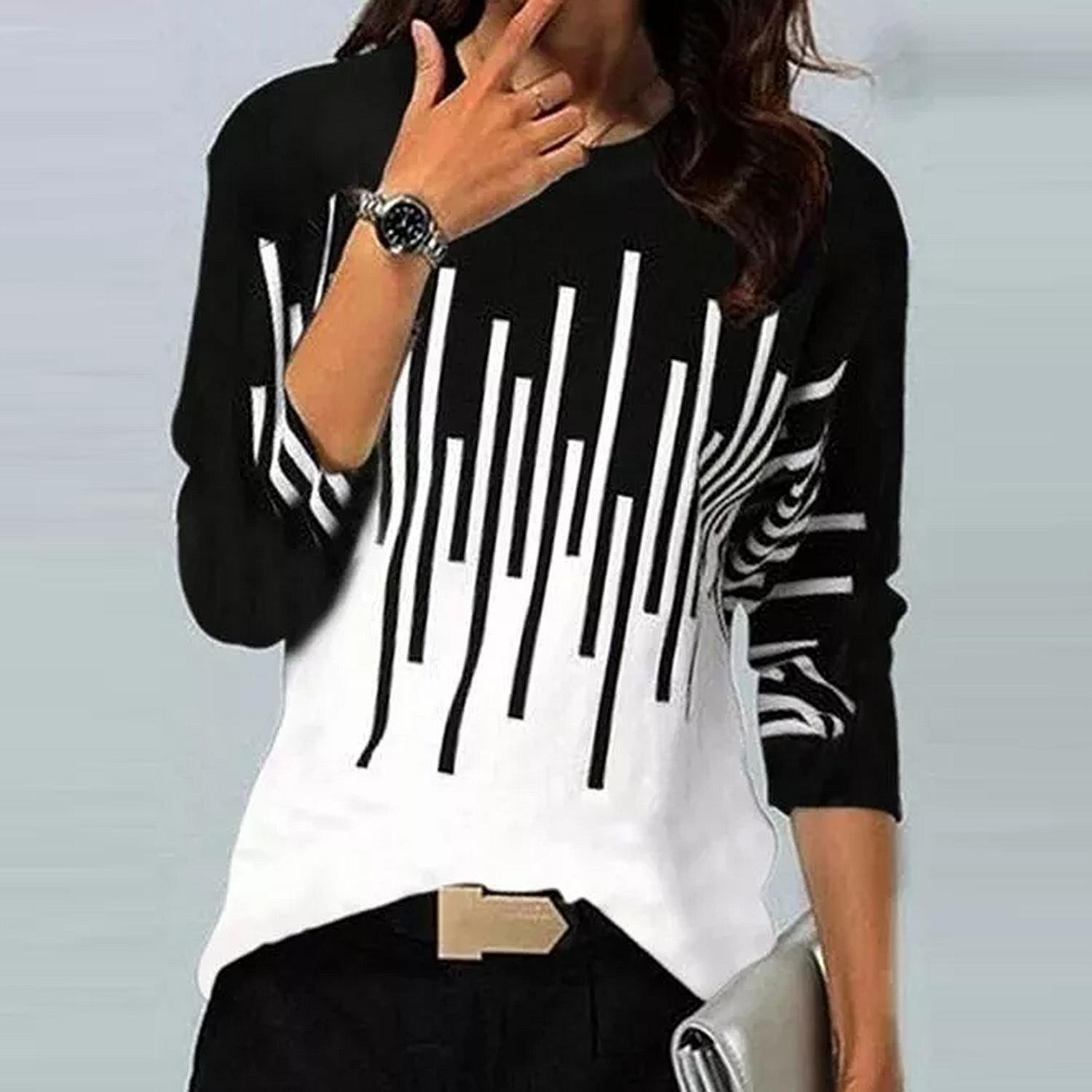 Lässig Gestreift Rundhals Langarm T-Shirt