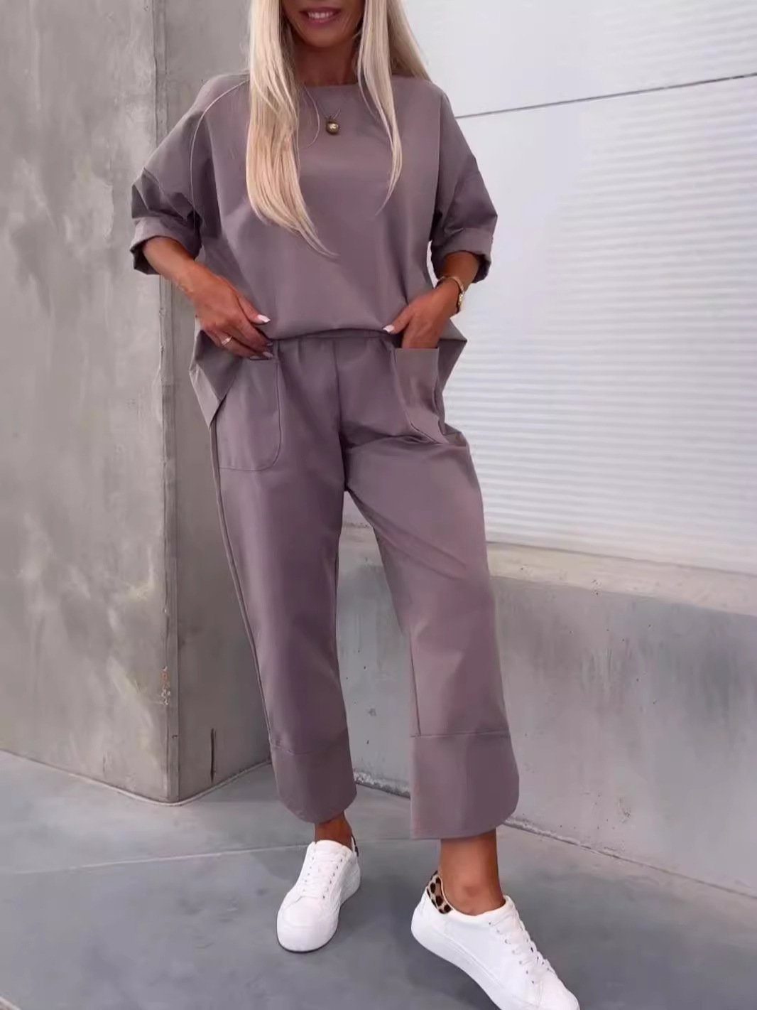 Damen Unifarben Nahtverarbeitung Zweiteiliges Set Täglich Langarm Lässig Frühling/Herbst Bluse mit Hose Matching Set