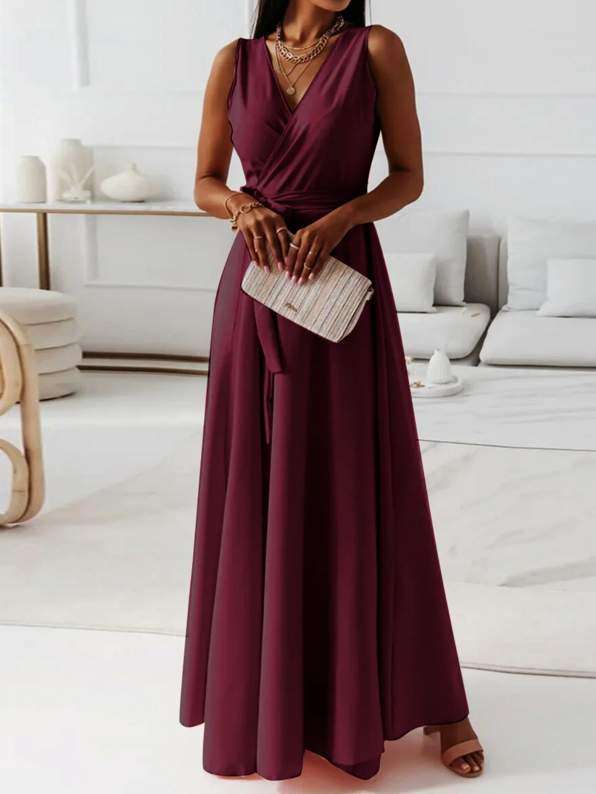 Damen Unifarben Sommer Nahtverarbeitung Kleid V-Ausschnitt Ärmellos Tanktop A-Linien-Kleid