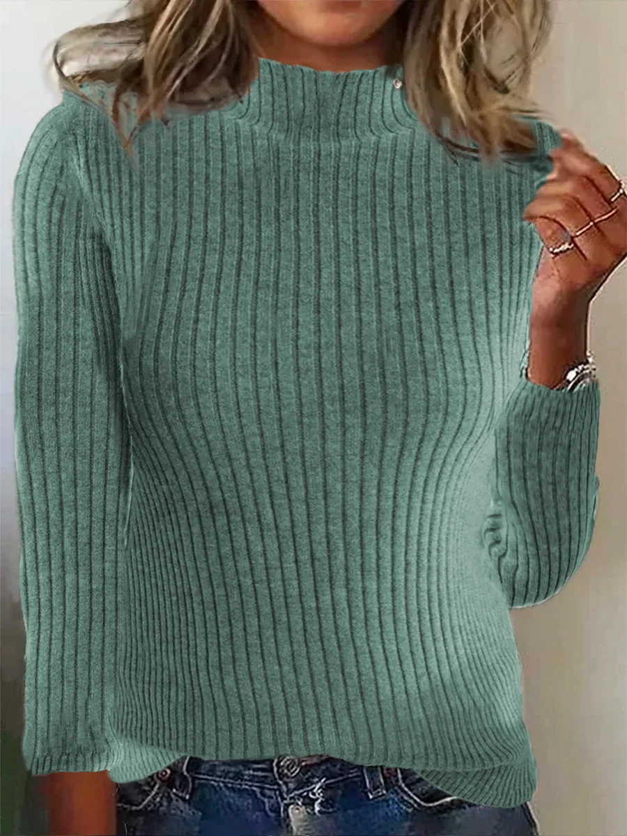 Damen Baumwolle Unifarben Langarm Bequem Lässig Pullover