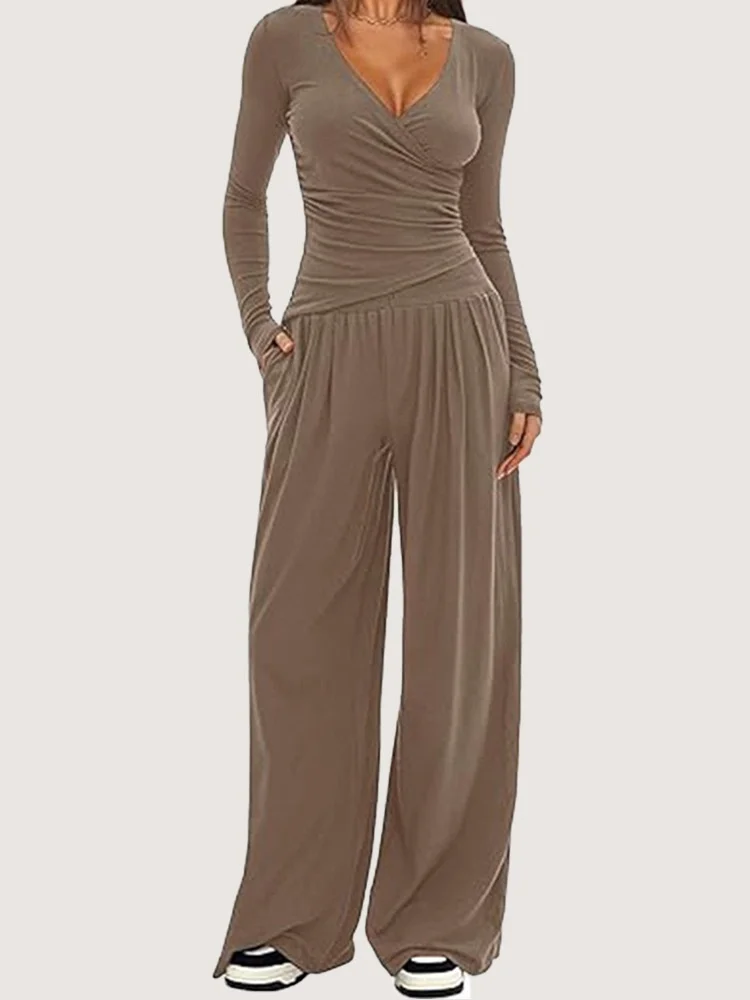 Damen Unifarben Nahtverarbeitung Zweiteiliges Set Täglich Langarm Lässig Frühling/Herbst Bluse mit Hose Matching Set