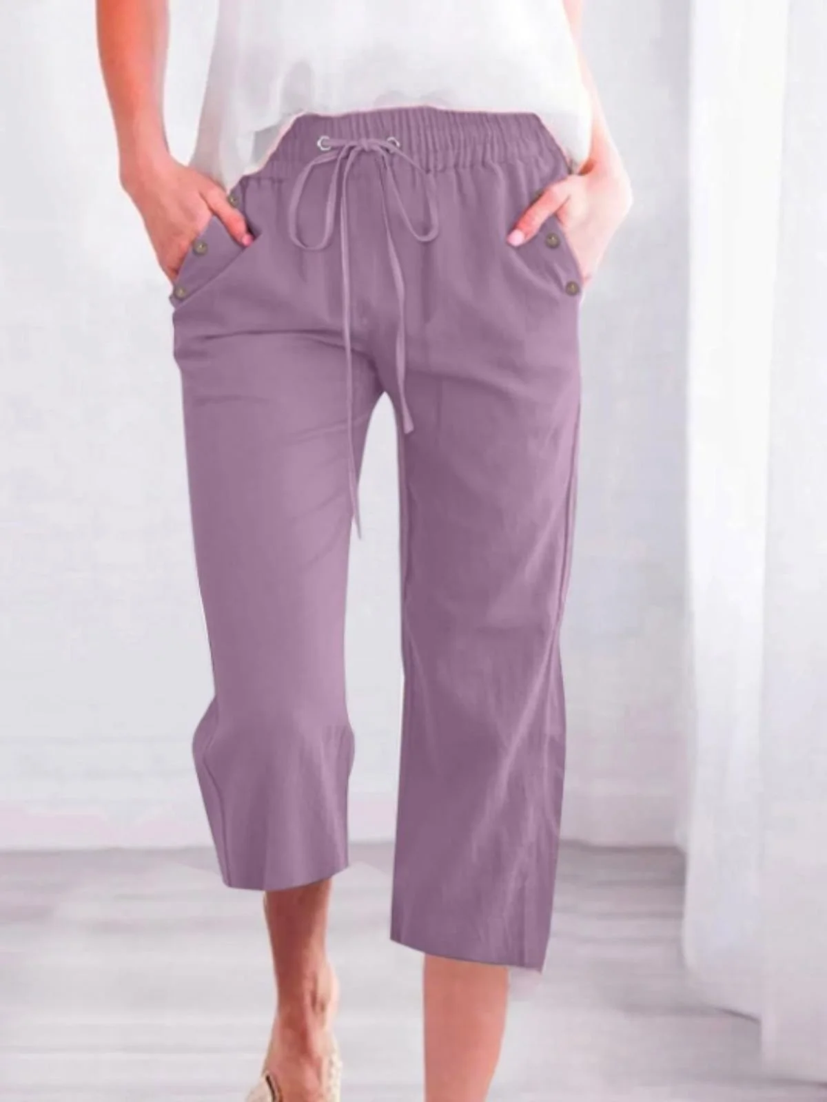 Damen Unifarben Caprihosen Hose Lässig Sommer Hose
