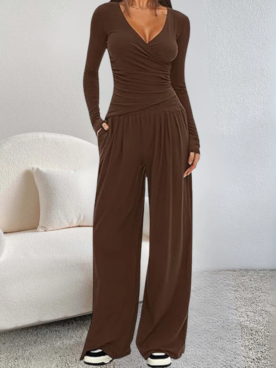 Damen Unifarben Nahtverarbeitung Zweiteiliges Set Täglich Langarm Lässig Frühling/Herbst Bluse mit Hose Matching Set