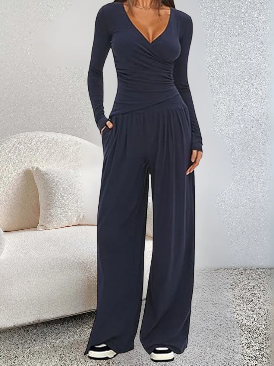 Damen Unifarben Nahtverarbeitung Zweiteiliges Set Täglich Langarm Lässig Frühling/Herbst Bluse mit Hose Matching Set
