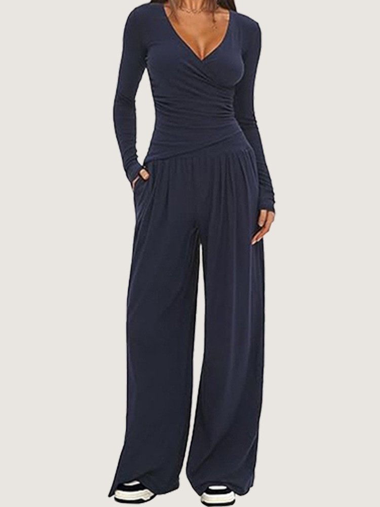 Damen Unifarben Nahtverarbeitung Zweiteiliges Set Täglich Langarm Lässig Frühling/Herbst Bluse mit Hose Matching Set