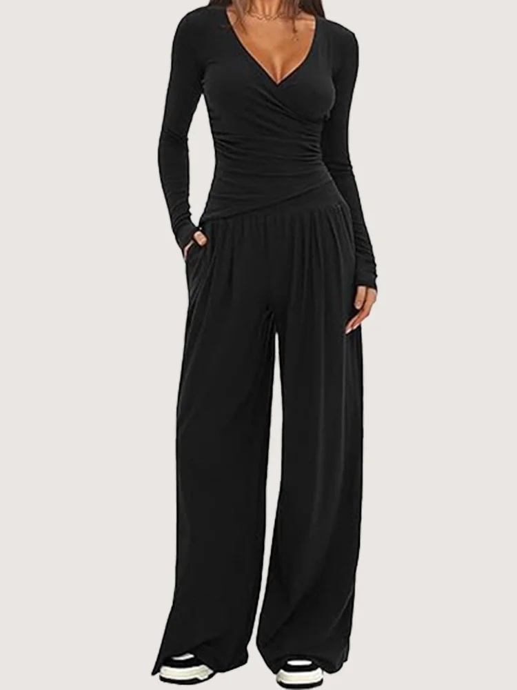 Damen Unifarben Nahtverarbeitung Zweiteiliges Set Täglich Langarm Lässig Frühling/Herbst Bluse mit Hose Matching Set