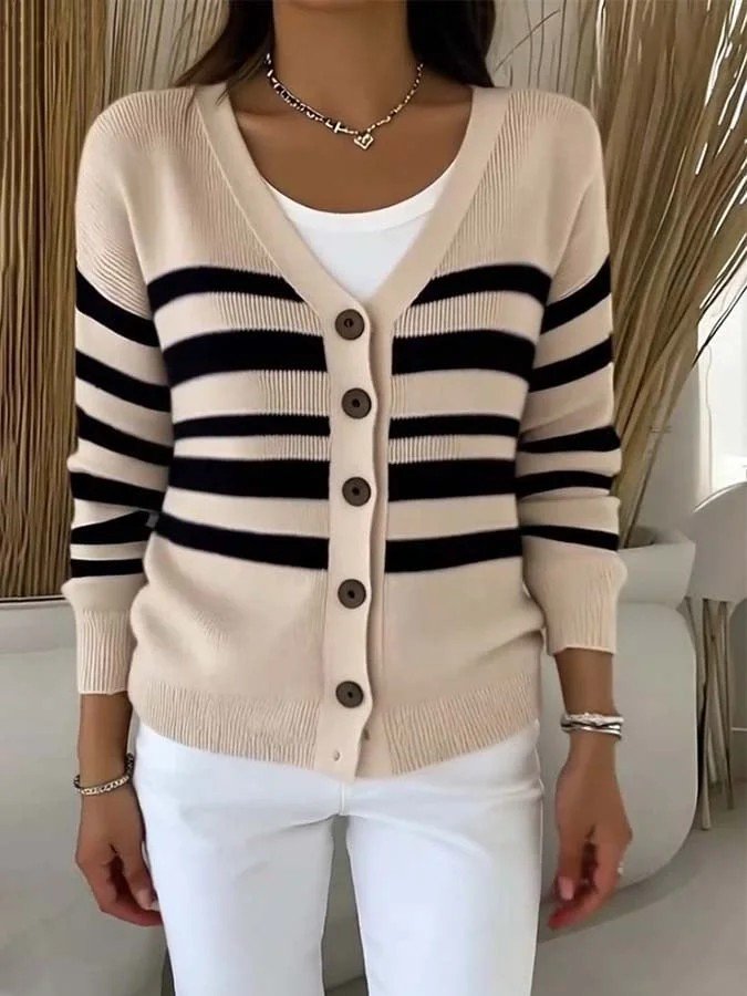Damen Gestreift Langarm Bequem Retro Strickjacke