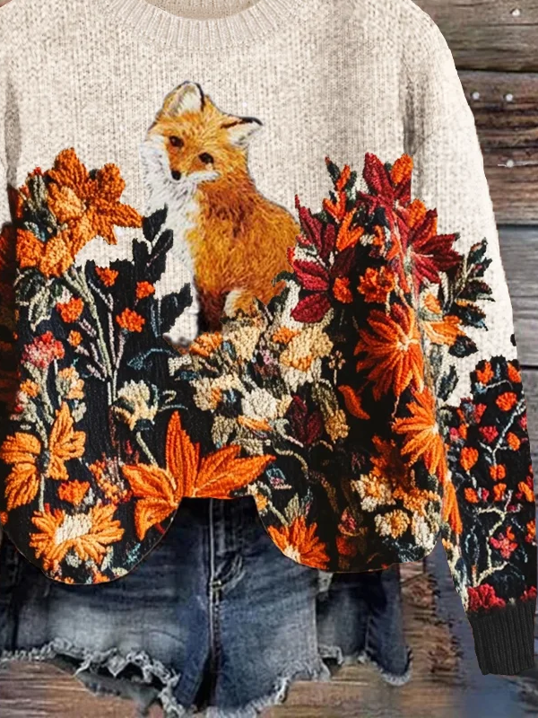 Damen Gestrickt Geblümt Langarm Bequem Lässig Print Pullover