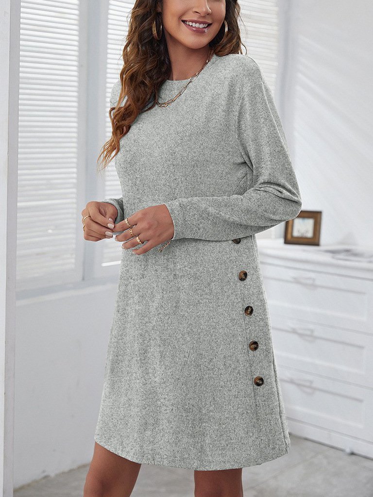 Damen Unifarben Frühling/Herbst Nahtverarbeitung Kleid Rundhals Langarm Etuikleid A-Linien-Kleid