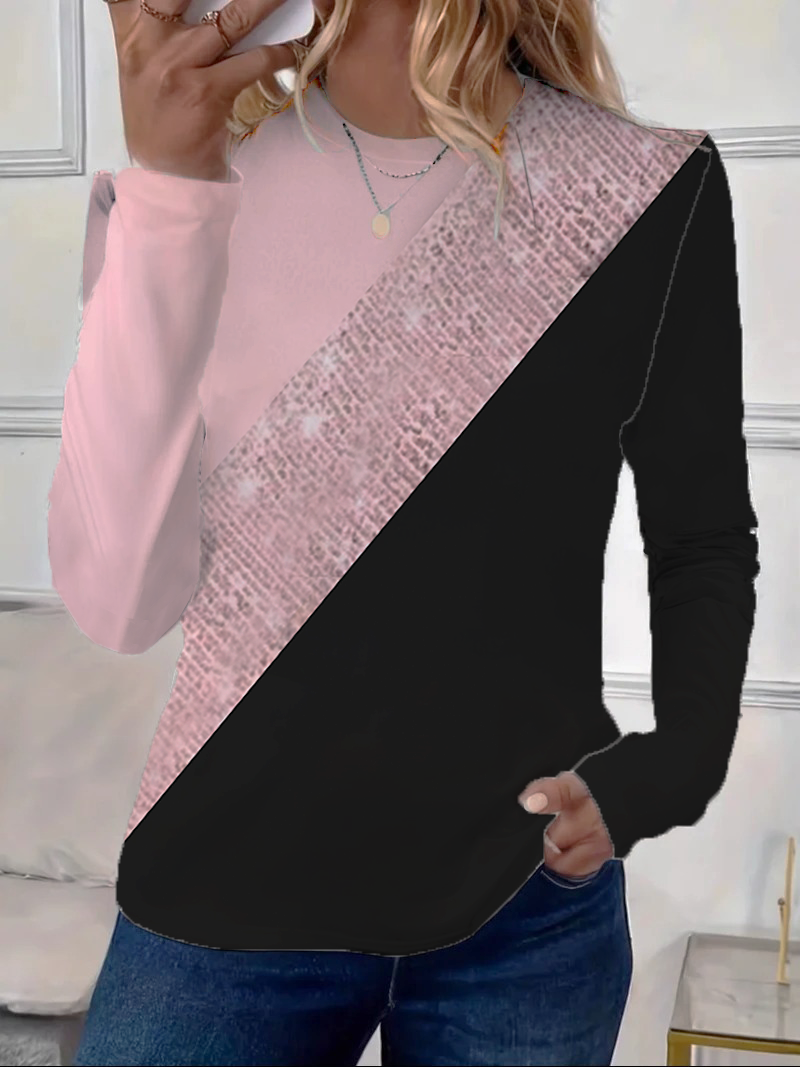 Lässig Multifarben Block Rundhals Langarm T-Shirt