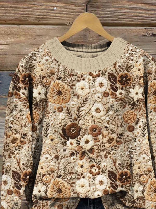 Damen Gestrickt Geblümt Langarm Bequem Lässig Print Pullover