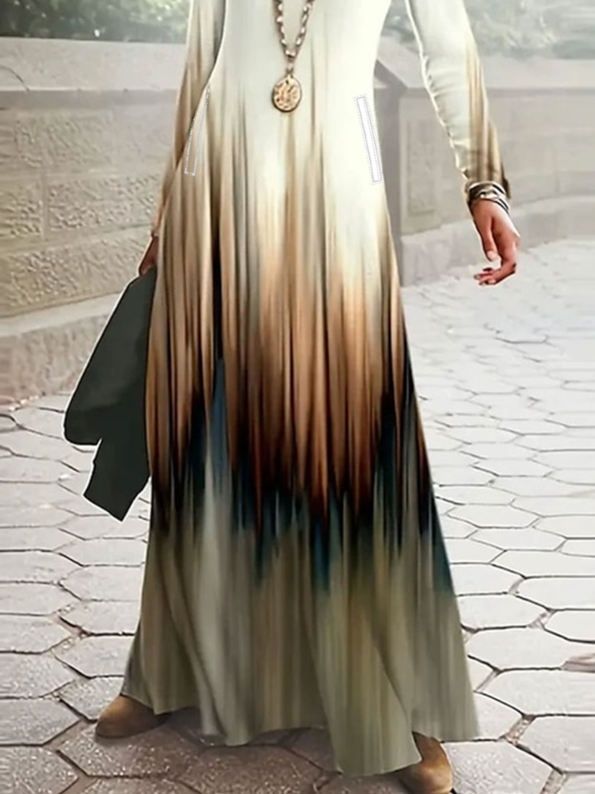 Damen Gestreift Frühling/Herbst Kleid Rundhals Langarm A-Linien-Kleid