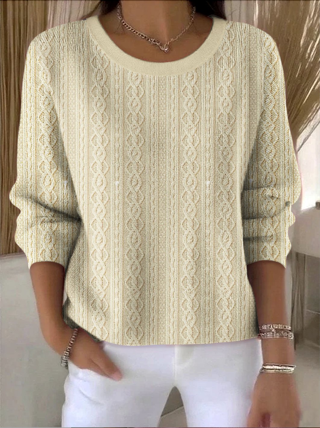 Damen Baumwolle Geometrisch Langarm Bequem Retro Pullover