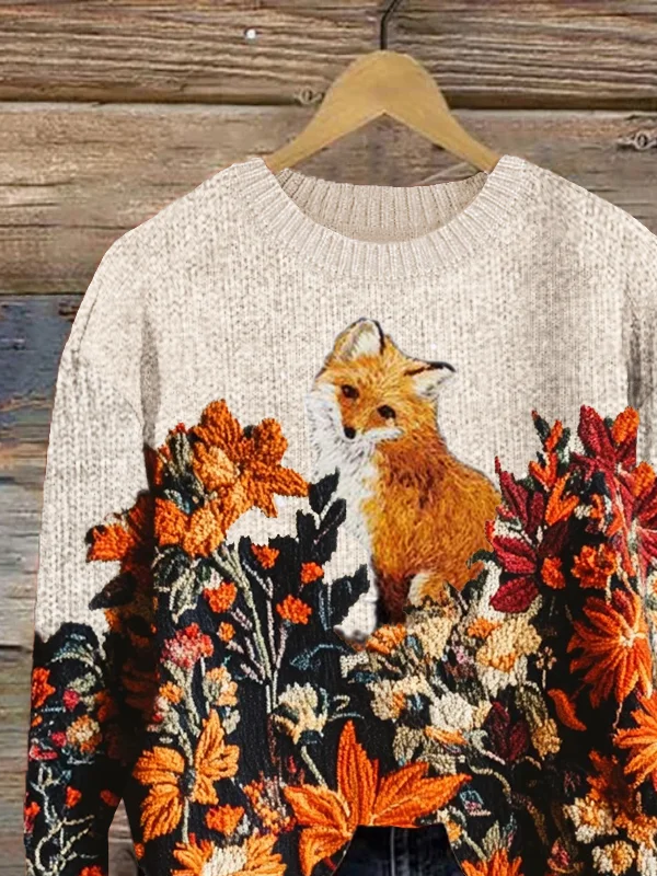 Damen Gestrickt Geblümt Langarm Bequem Lässig Print Pullover