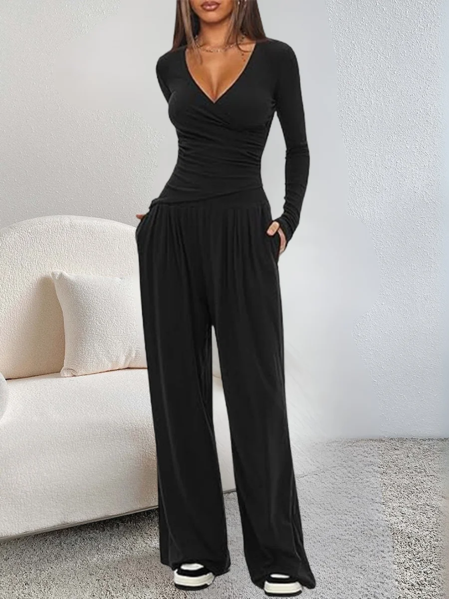 Damen Unifarben Nahtverarbeitung Zweiteiliges Set Täglich Langarm Lässig Frühling/Herbst Bluse mit Hose Matching Set