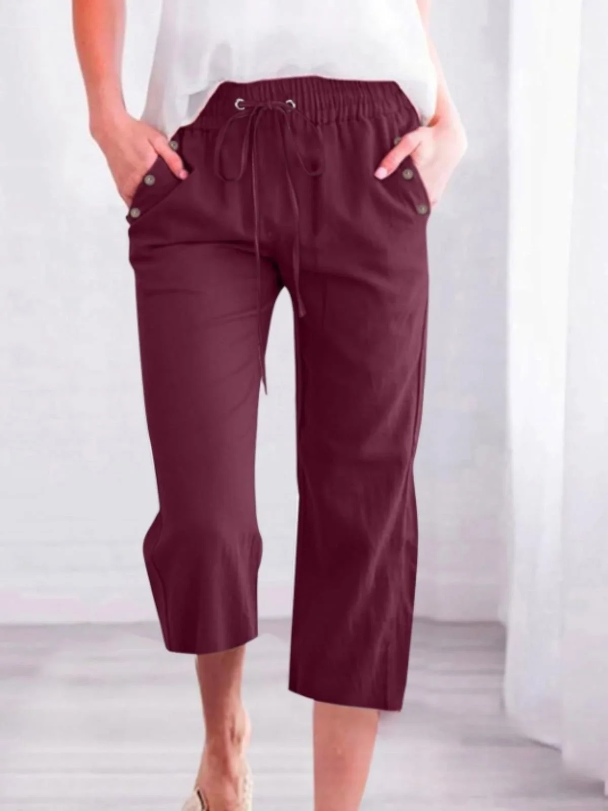 Damen Unifarben Caprihosen Hose Lässig Sommer Hose