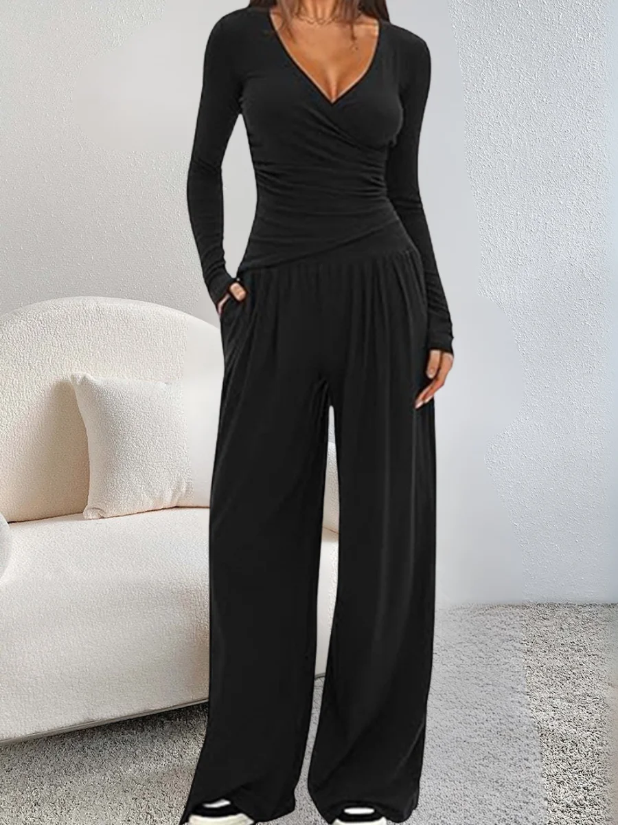 Damen Unifarben Nahtverarbeitung Zweiteiliges Set Täglich Langarm Lässig Frühling/Herbst Bluse mit Hose Matching Set