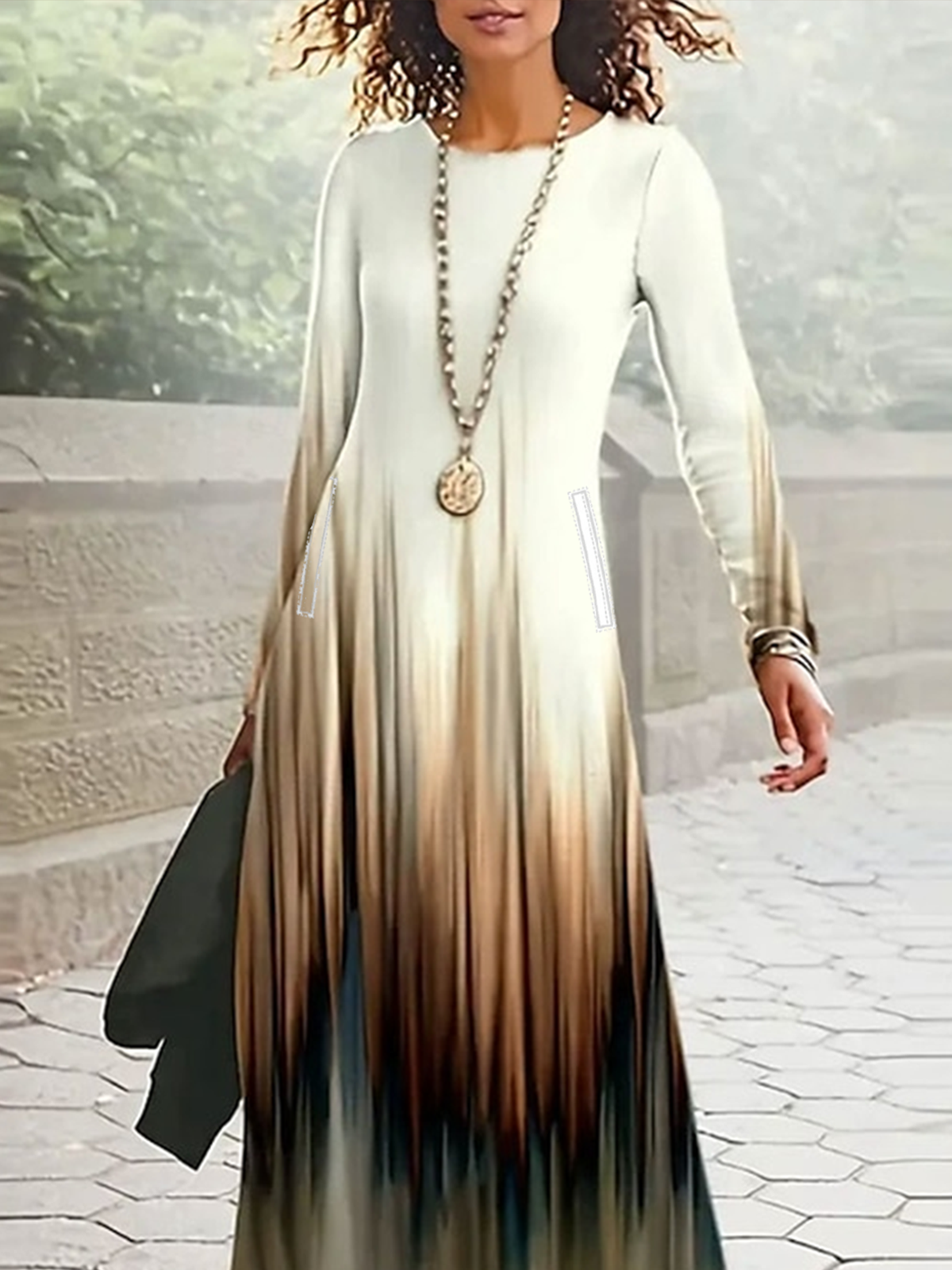 Damen Gestreift Frühling/Herbst Kleid Rundhals Langarm A-Linien-Kleid