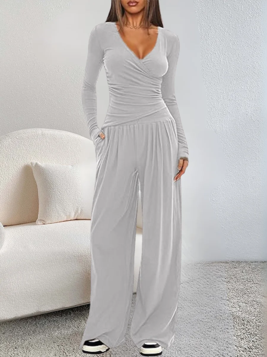Damen Unifarben Nahtverarbeitung Zweiteiliges Set Täglich Langarm Lässig Frühling/Herbst Bluse mit Hose Matching Set