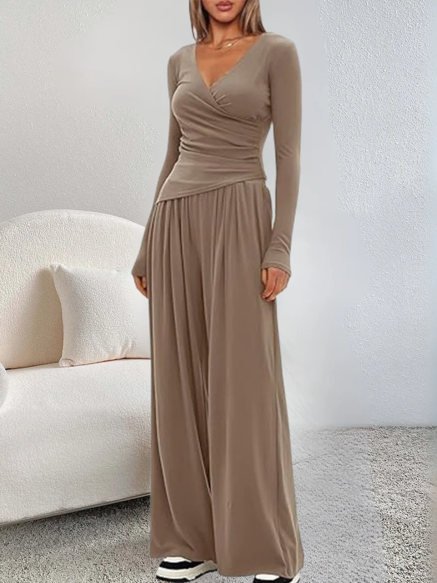Damen Unifarben Nahtverarbeitung Zweiteiliges Set Täglich Langarm Lässig Frühling/Herbst Bluse mit Hose Matching Set