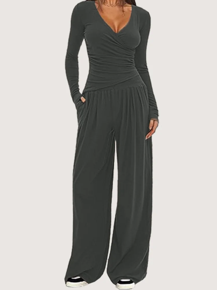 Damen Unifarben Nahtverarbeitung Zweiteiliges Set Täglich Langarm Lässig Frühling/Herbst Bluse mit Hose Matching Set