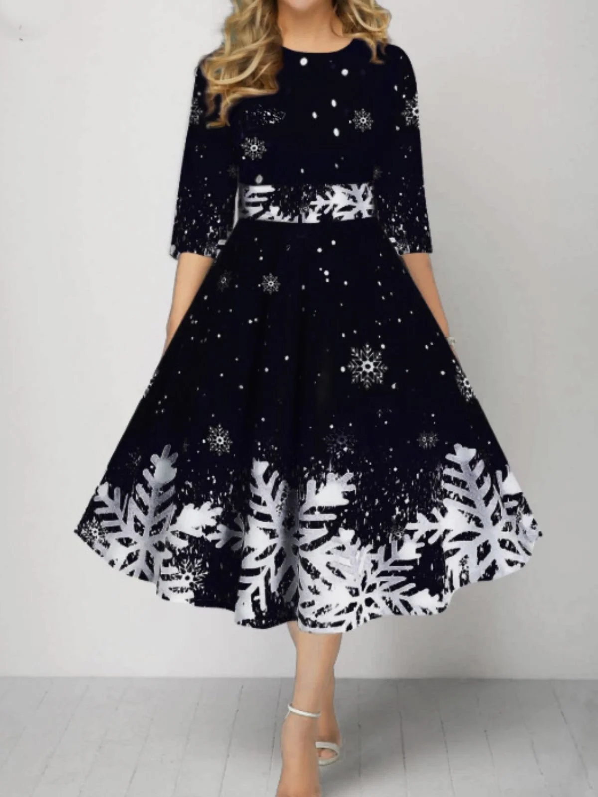 Damen Weihnachten Frühling/Herbst Kleid Rundhals Dreiviertelärmel A-Linien-Kleid
