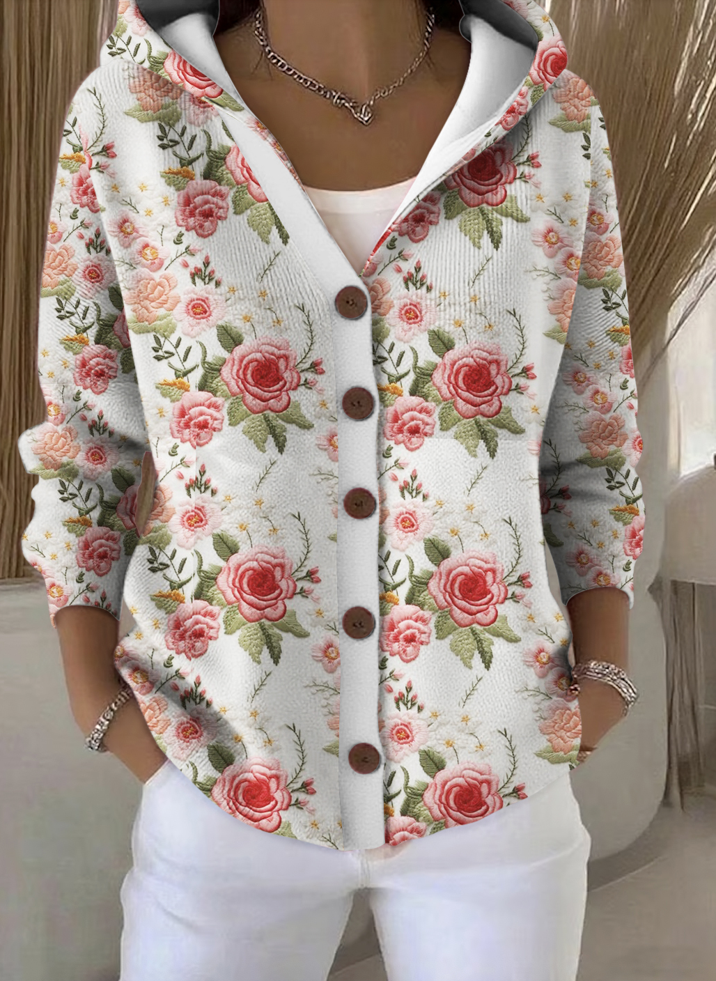 Damen Baumwolle Geblümt Langarm Bequem Lässig Strickjacke