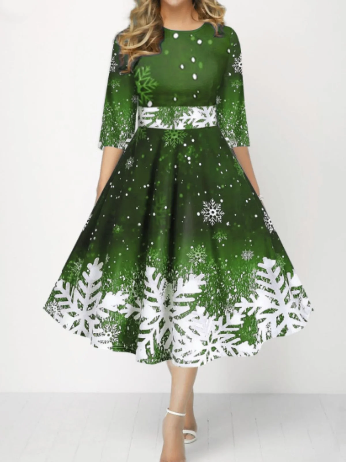 Damen Weihnachten Frühling/Herbst Kleid Rundhals Dreiviertelärmel A-Linien-Kleid