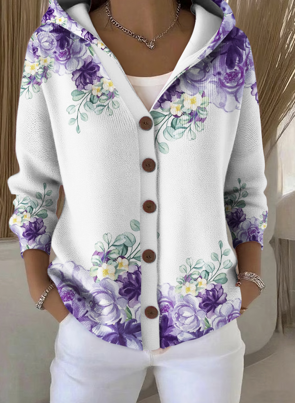 Damen Baumwolle Geblümt Langarm Bequem Lässig Strickjacke