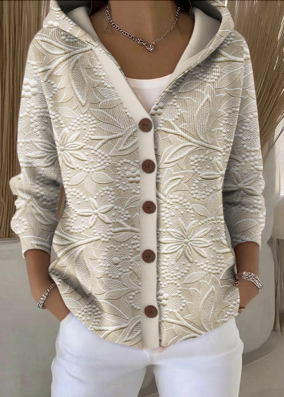 Damen Baumwolle Geblümt Langarm Bequem Lässig Strickjacke